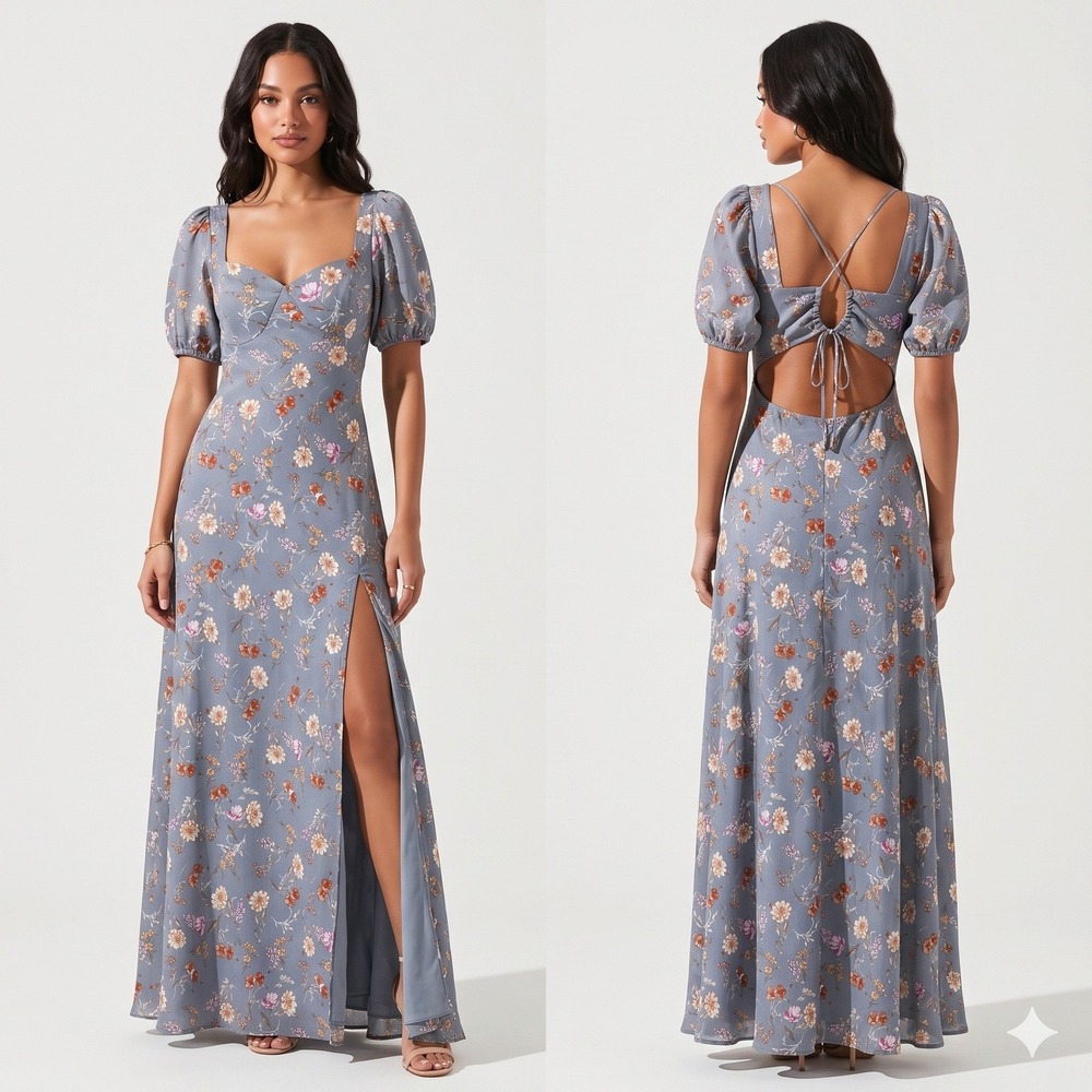 Altar'd State Dusty Blue Floral Puff-Sleeve Maxi Dress